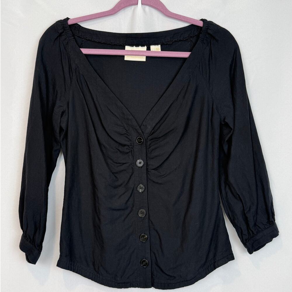 Maeve by Anthropologie Womens Ruched Button Blouse Size 4 Black Boho Office